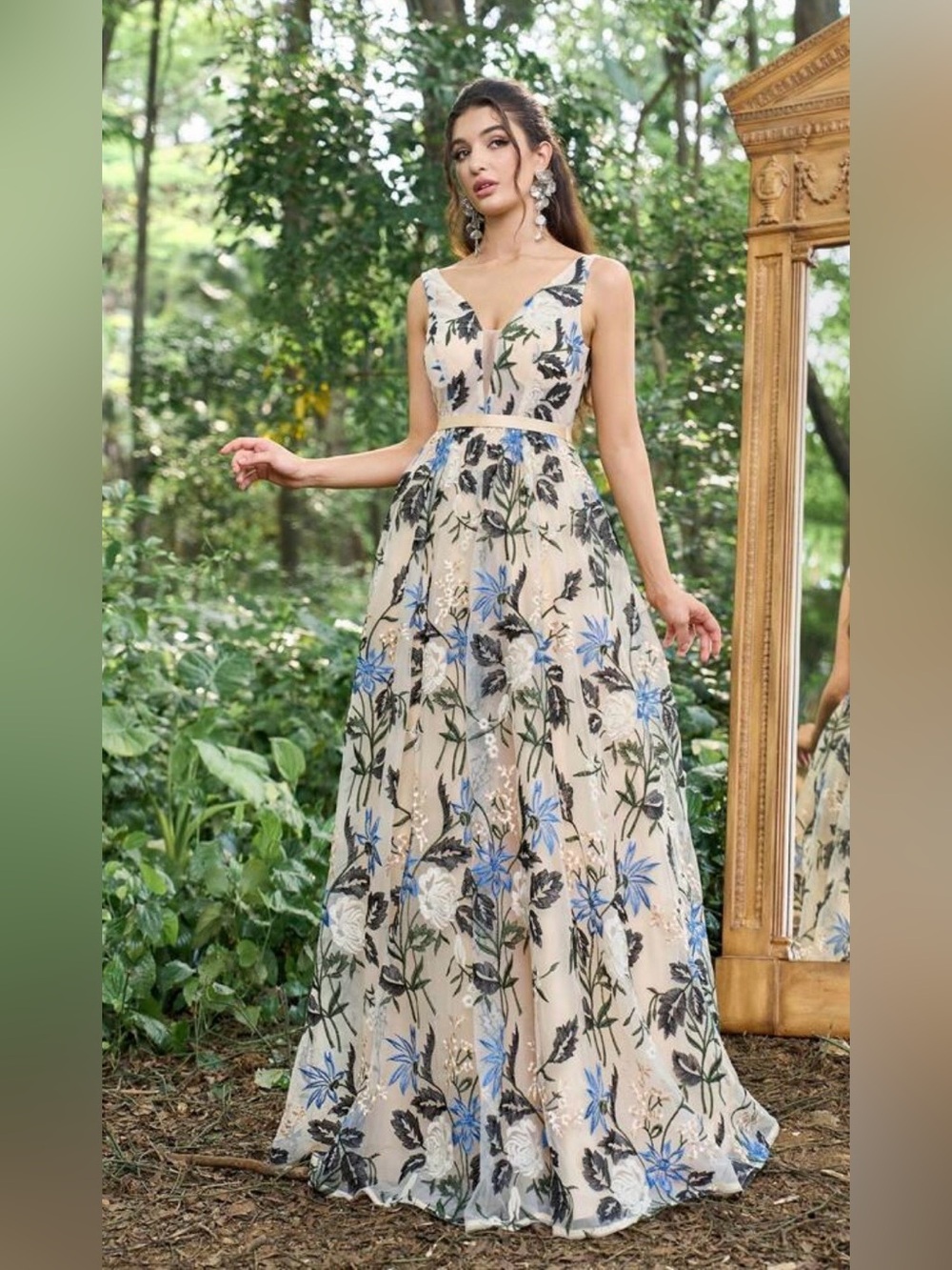Faeriesty Floral Embroidered Tulle Maxi Dress XS Blue Ivory Formal Prom
